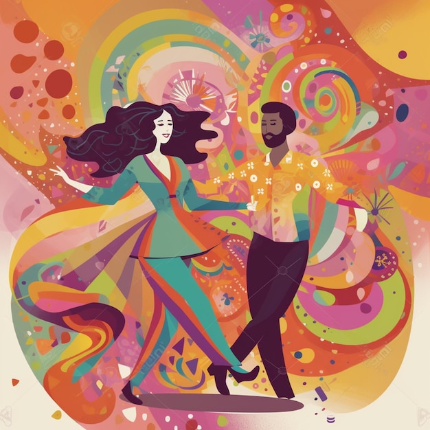 Красочная иллюстрация пары, танцующей на красочном фоне.