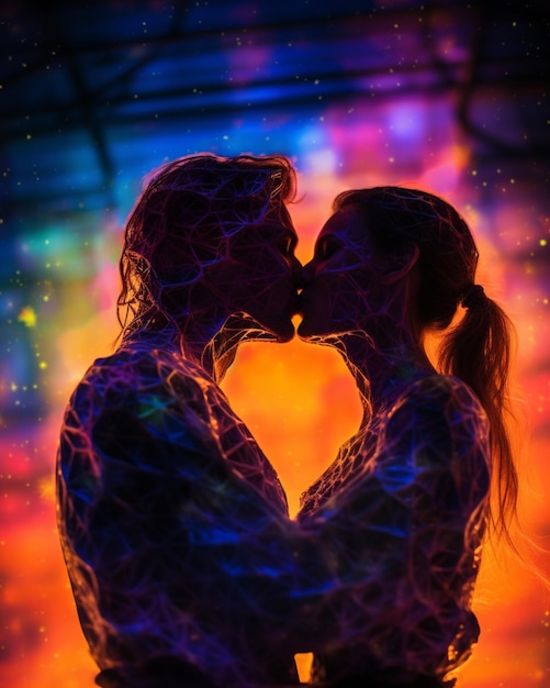 A colorful illustration of a couple kissing