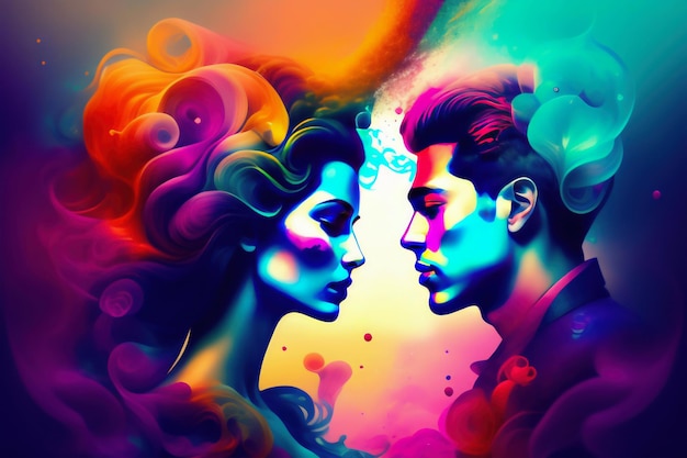 A colorful illustration of a couple with the words love on the bottom.