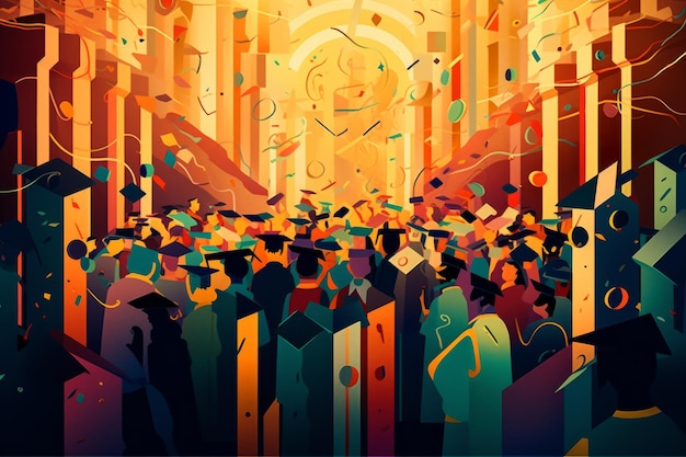 A colorful illustration of a crowd of people in a church.