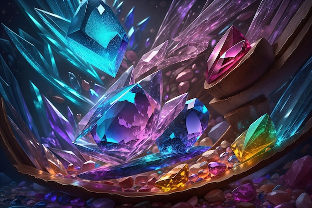 A colorful illustration of crystals and gemstones.