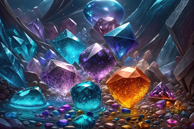 A colorful illustration of crystals and gemstones.