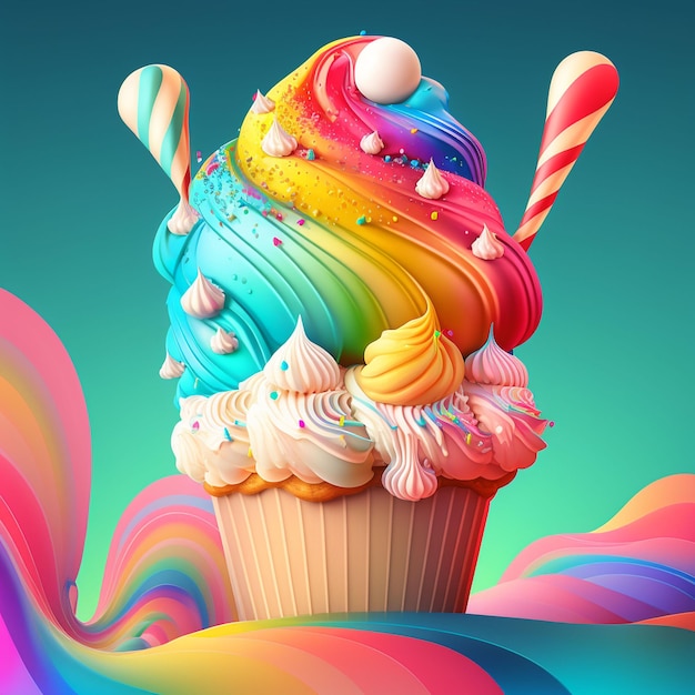 A colorful illustration of a cupcake with a rainbow colored design.