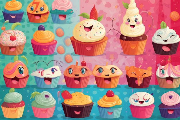 A colorful illustration of cupcakes with different faces.