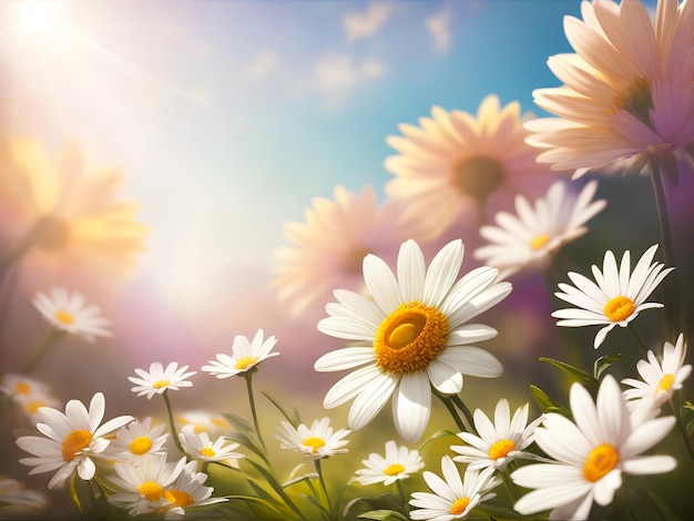 Colorful illustration daisy flower under blue sky sunlight