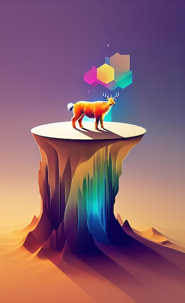 A colorful illustration of a deer on a cliff.