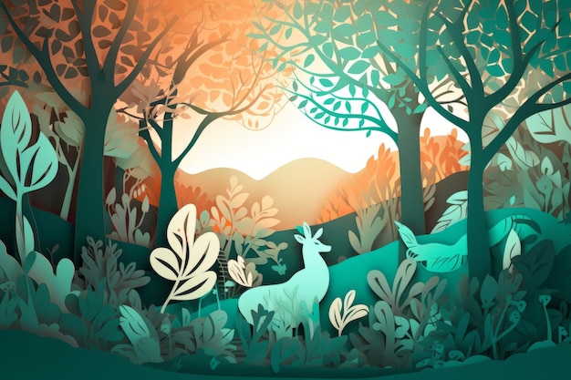 A colorful illustration of a deer and a deer in the forest.