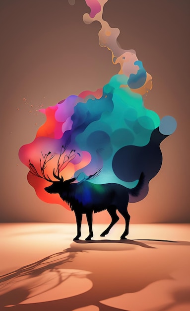 A colorful illustration of a deer with a black silhouette.