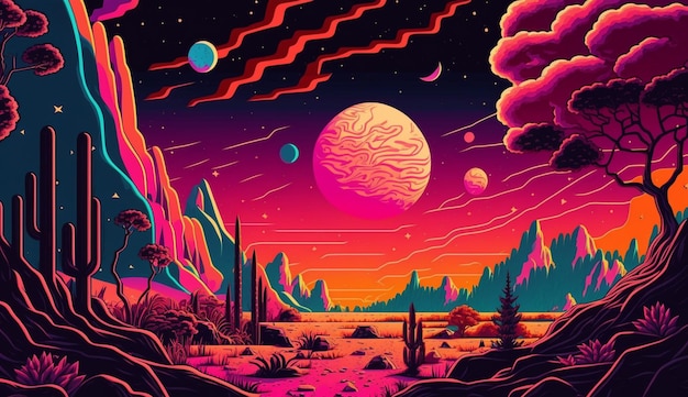 A colorful illustration of a desert landscape with a desert landscape and the sun and stars.