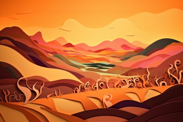 A colorful illustration of a desert landscape with a lake in the middle.