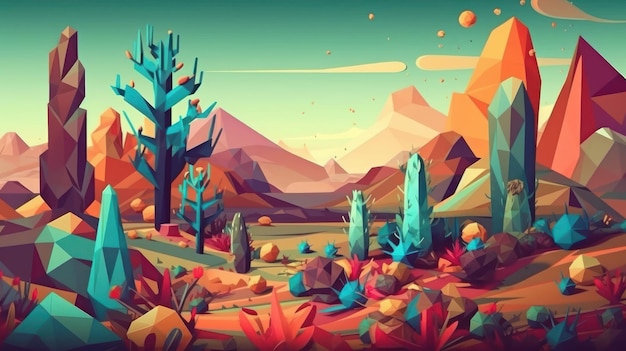 木々や山のある砂漠の風景を描いたカラフルなイラスト。