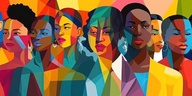 a colorful illustration of different black people taking part in justice love and peace