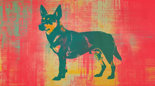 Foto illustrazione colorata di un cane l'immagine è composta da varie sfumature di rosso giallo e blu