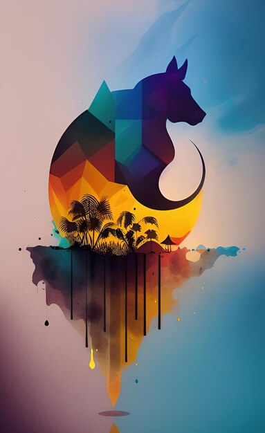 Photo a colorful illustration of a dog with a sunset in the background.