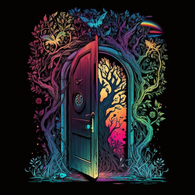 A colorful illustration of a door with a tree and a bird on it.