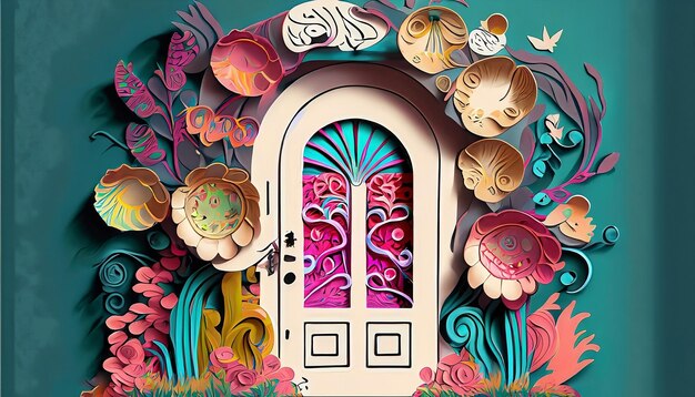 海貝が書かれている窓のあるドアのカラフルなイラスト ⁇ 