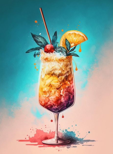 A colorful illustration of a drink with a cherry on top.