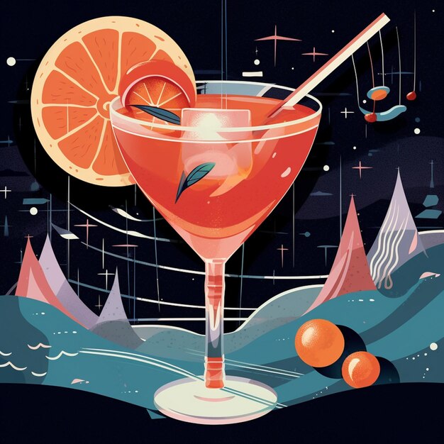 A colorful illustration of a drink with a orange slice in it.