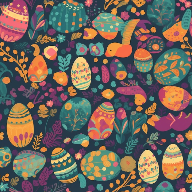 A colorful illustration of easter eggs and a rabbit.