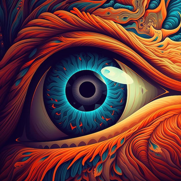 A colorful illustration of an eye with a bird on it.