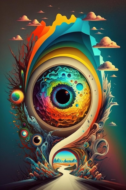 A colorful illustration of a eye with a rainbow and clouds in the background.