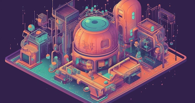 A colorful illustration of a factory with the word's on the top.