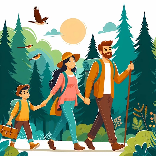 Colorful illustration of a family traveling in the forest