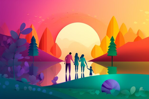 A colorful illustration of a family walking in a field.