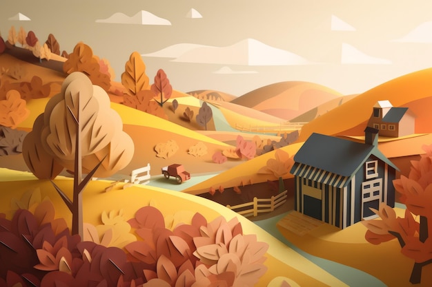 A colorful illustration of a farm house in autumn with a tree in the foreground.