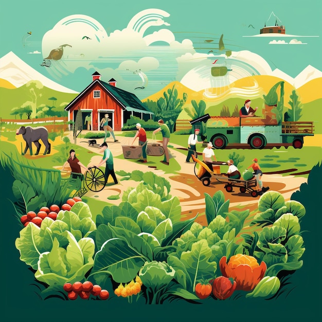 Colorful Illustration of Farmers Engaged in Various Tasks on a Bountiful Farm