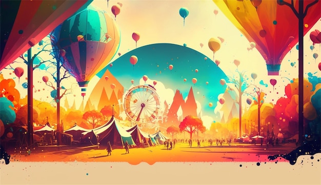 A colorful illustration of a festival with a balloon in the sky.