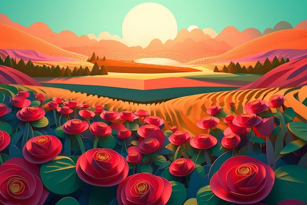 A colorful illustration of a field with roses in the foreground.