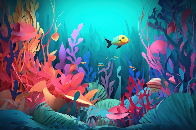 A colorful illustration of a fish and coral reef.