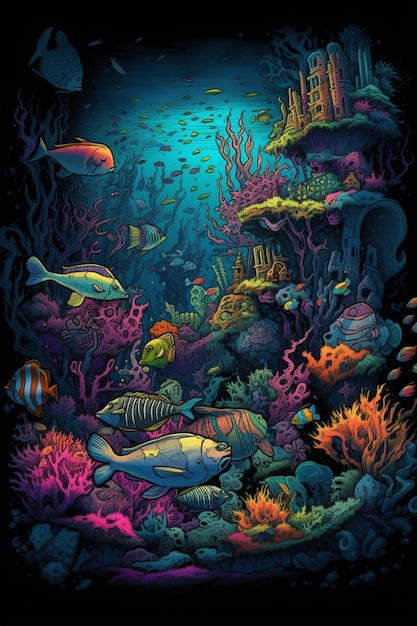 A colorful illustration of a fish and coral reef.