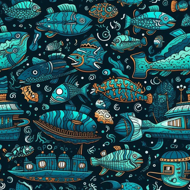 A colorful illustration of a fish and submarine.