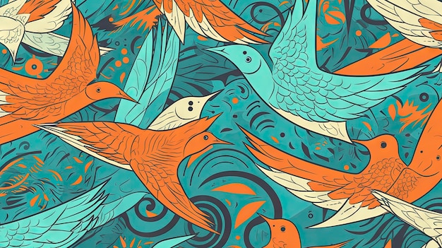 A colorful illustration of a flock of birds.