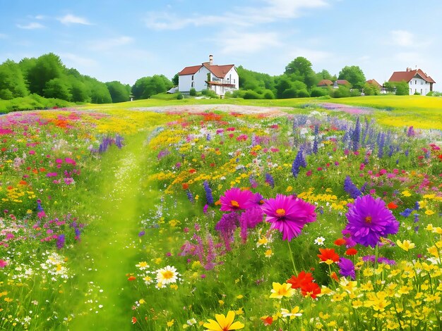 Colorful illustration of flower meadows with sunbeams in summer ai generated