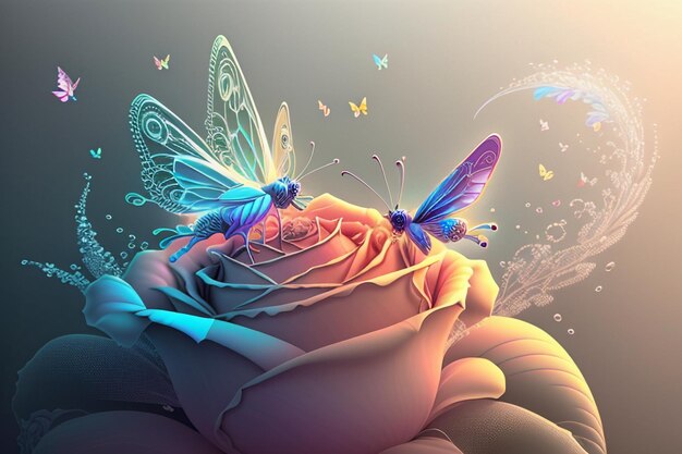 A colorful illustration of a flower with butterflies on it