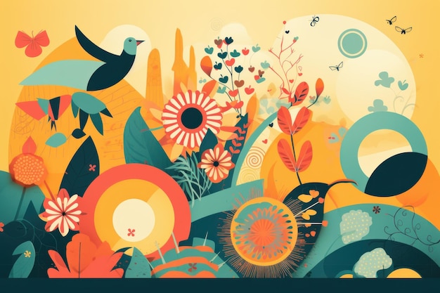 A colorful illustration of flowers and a bird.