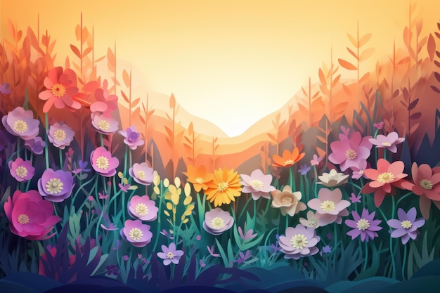 A colorful illustration of flowers in a field with mountains in the background.