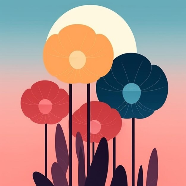 A colorful illustration of flowers in front of a sunset.