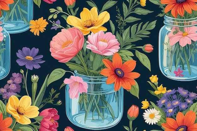 A colorful illustration of flowers in a glass jar