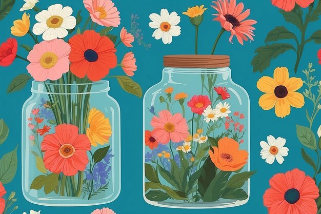 A colorful illustration of flowers in a glass jar