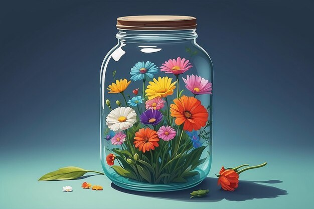 A colorful illustration of flowers in a glass jar