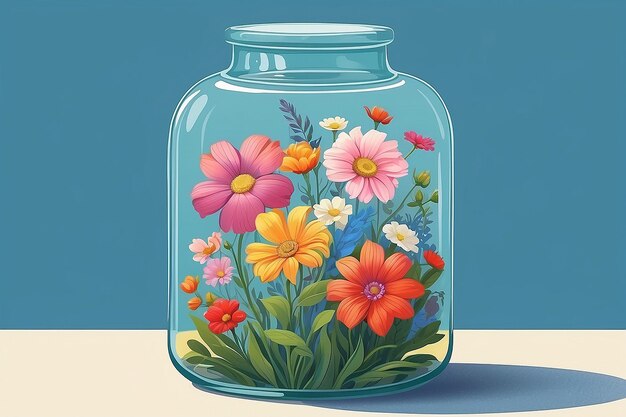 A colorful illustration of flowers in a glass jar