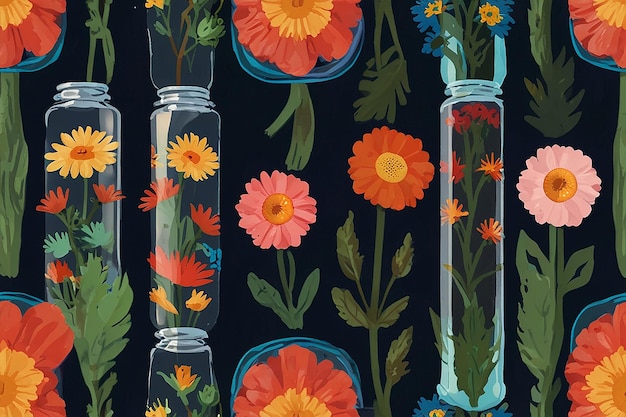 A colorful illustration of flowers in a glass jar