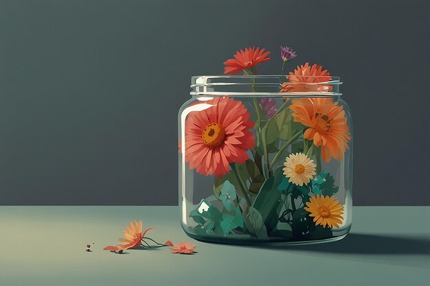 A colorful illustration of flowers in a glass jar