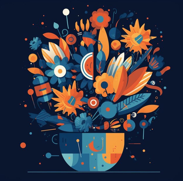 A colorful illustration of flowers in a pot with a blue background.