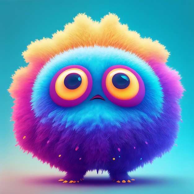 A colorful illustration of a fluffy creature with a green eyes and a blue background.