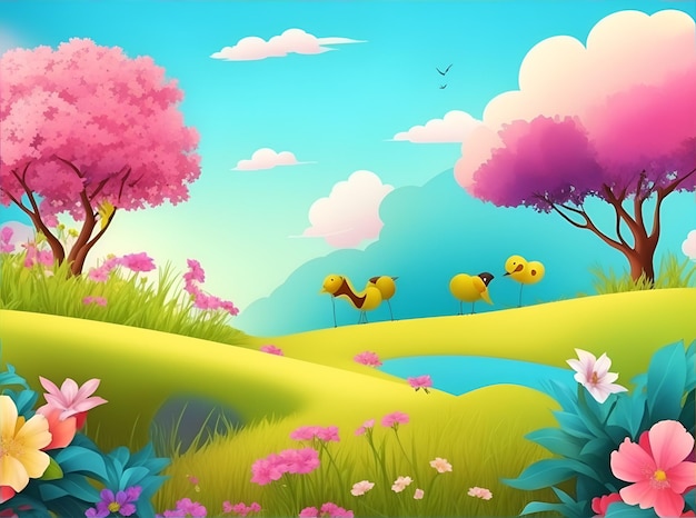 Photo a colorful illustration of a forest with a bird and flowers